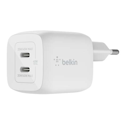Belkin - 45W GaN Dual PD/PPS mini snabbladdare för laptop, mobil, surfplatta - Vit