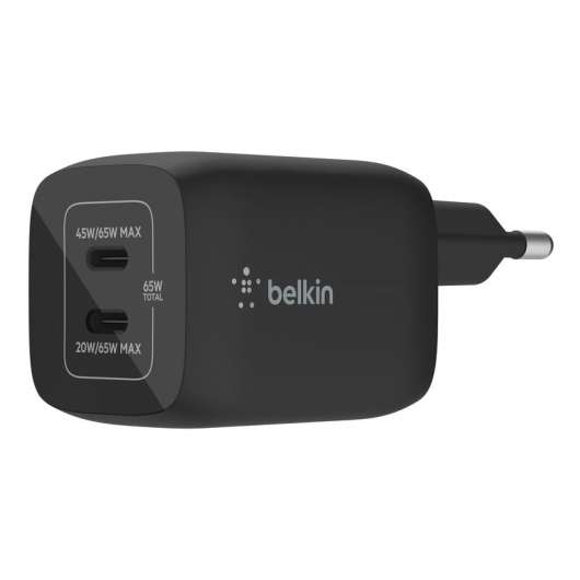 Belkin - 65W GaN Dual PD/PPS mini snabbladdare för laptop, mobil, surfplatta - Svart
