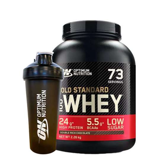 Optimum Nutrition 100% Whey Gold Standard Vassleprotein 2273 g + Optimum Shaker 900 ml